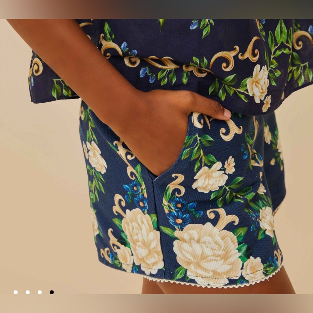 NWT Farm Rio High Rise Belted Navy Blue Flower Tapestry Shorts Size 27 Small - Picture 3 of 4